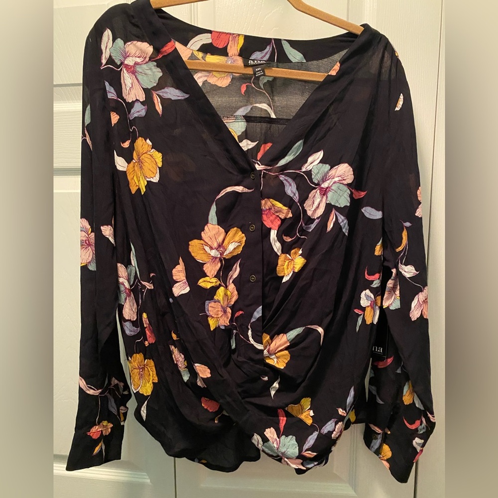 a.n.a. Black w/pink,green,blue,yellow Edie Floral top  XXL  New With Tags